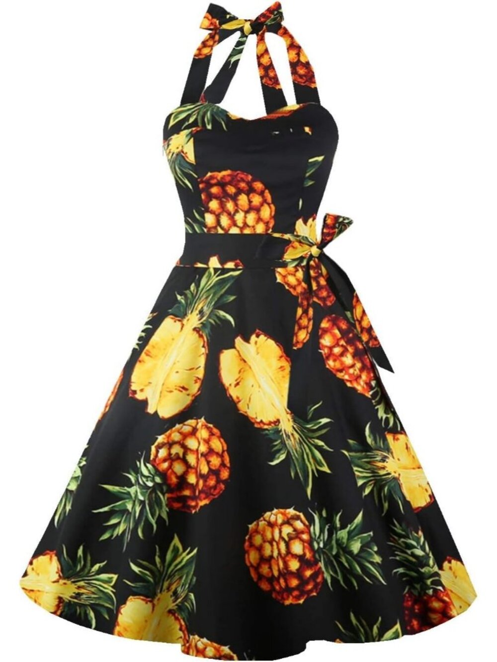 Women's Vintage Polka Audrey 1950s Halter Retro Cocktail Dress-Black Pineapple
